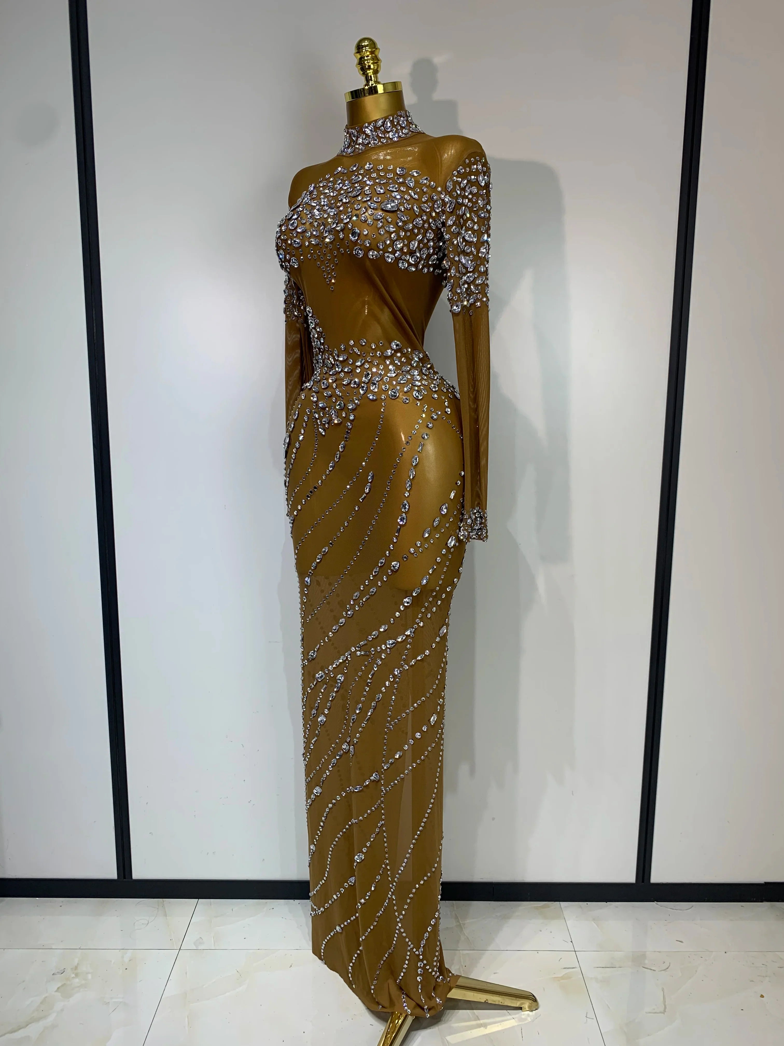 Colette Sparkly Brown Rhinestone Mesh Long Dress