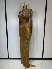 Colette Sparkly Brown Rhinestone Mesh Long Dress