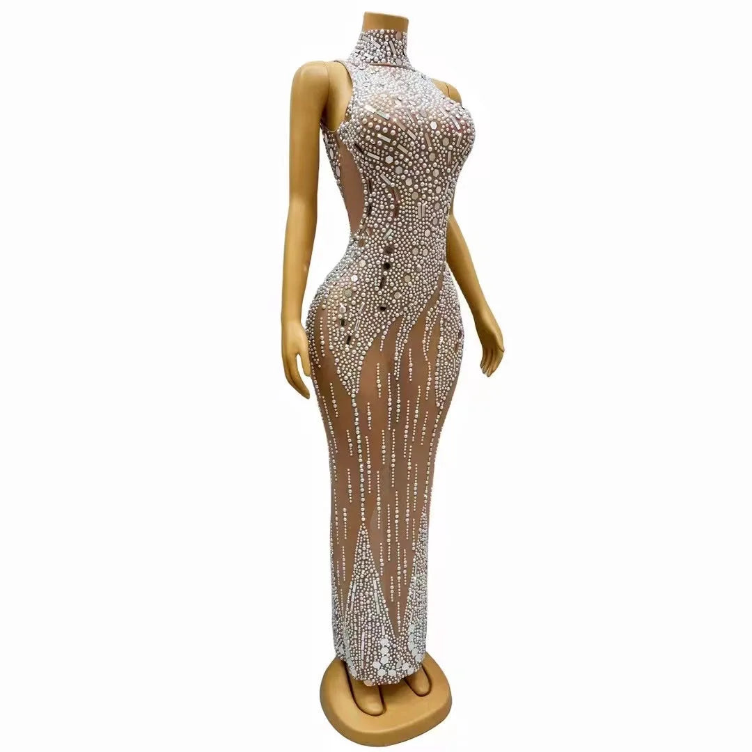 Amina Silver Mirror Rhinestone Pearl Prom Dress