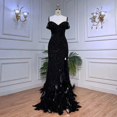 Black Luxury Beaded Feathers Mermaid Evening Dress Off Shoulder Sexy Slit