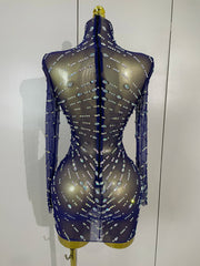 Ajay Sheer Mesh See-Through Sparkling Diamond Sequin Long Sleeve Mini Dress