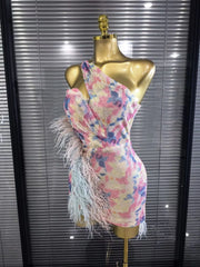 Arabella Sequin One-Shoulder Feather Bodycon Mini Dress
