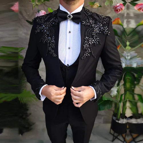 Black Beaded Gemstone Appliqué Men's Tuxedo