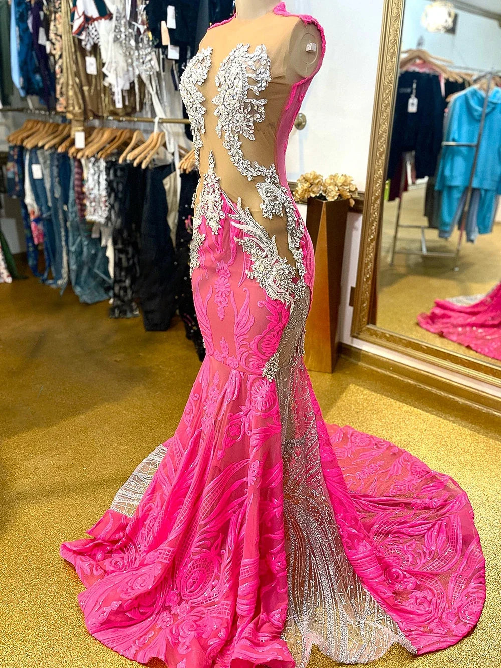 Cute Pink & Silver Luxury Beaded Prom Dress with Sparkly Diamonds