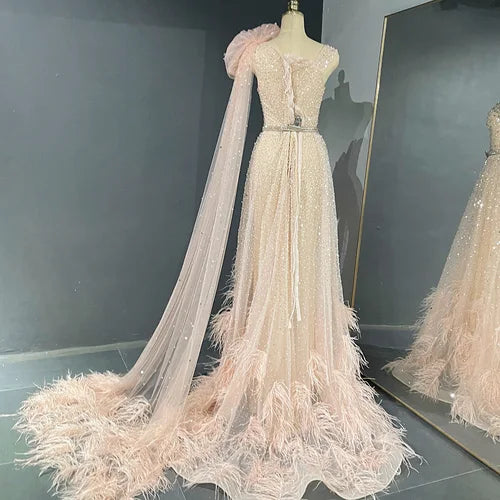 Blush Pink Feathers Luxury Dress With Cape