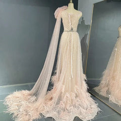 Blush Pink Feathers Luxury Dress With Cape