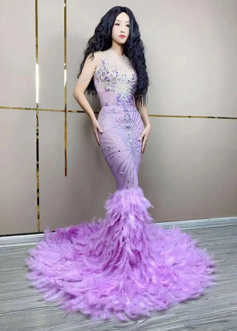 Chanel Sparkly Purple Rhinestone Feather Prom Dress