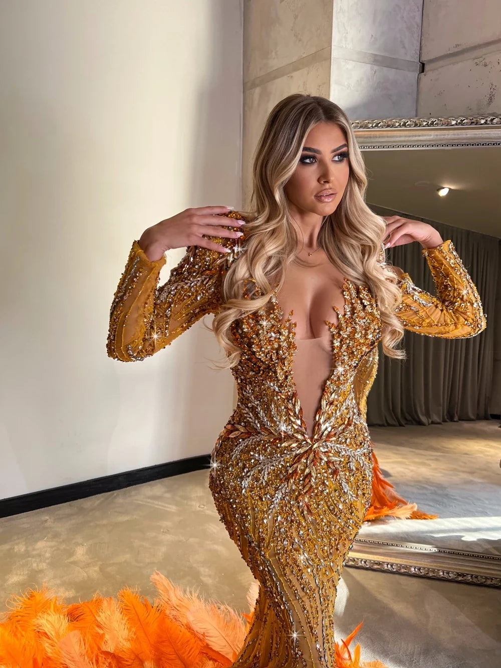Beaded Crystal Feather Mermaid Evening Dress