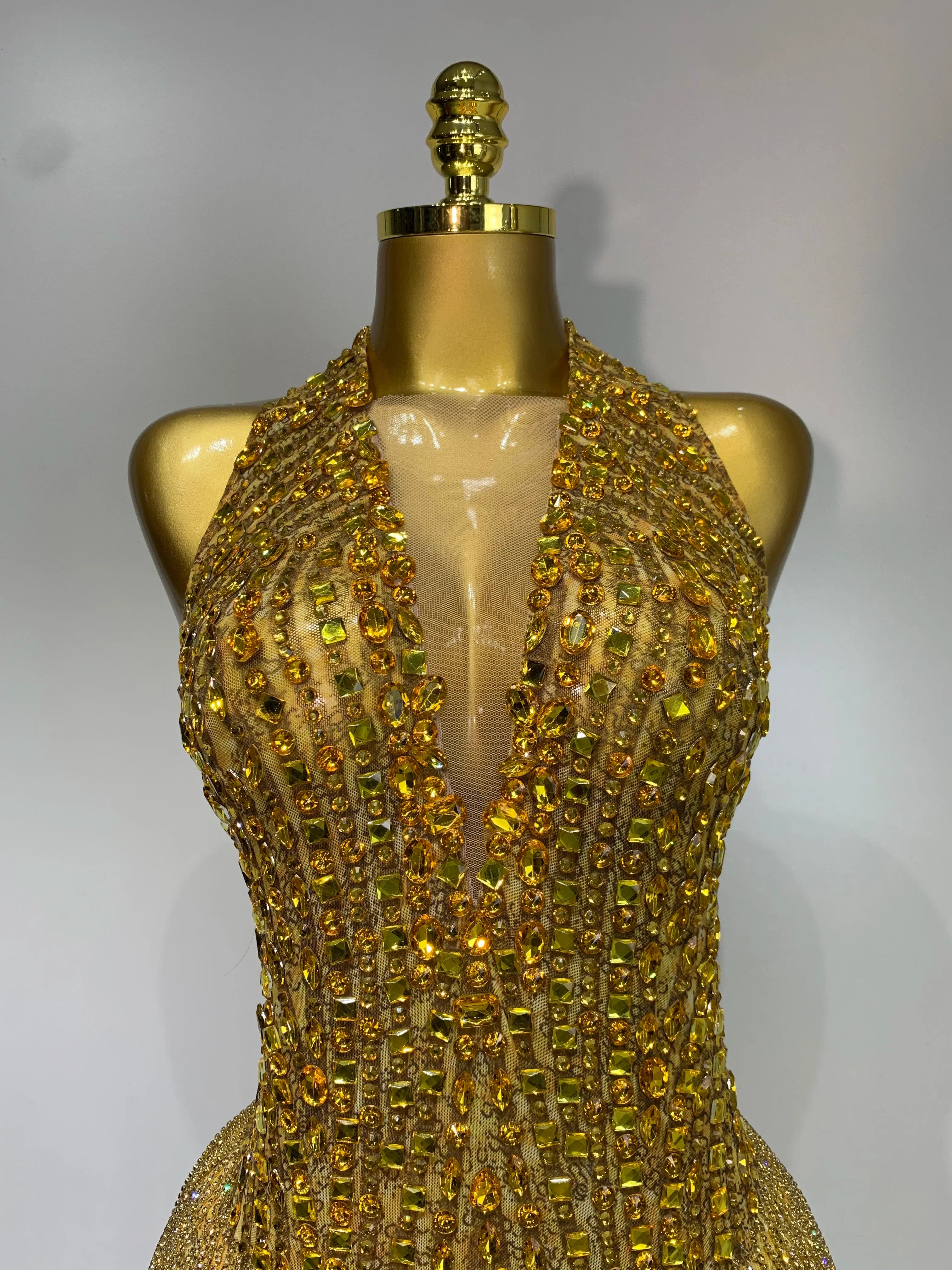 Angie See Through Stretch Gold Rhinestone Dress