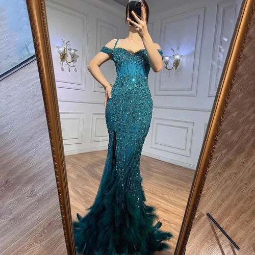 Black Luxury Beaded Feathers Mermaid Evening Dress Off Shoulder Sexy Slit