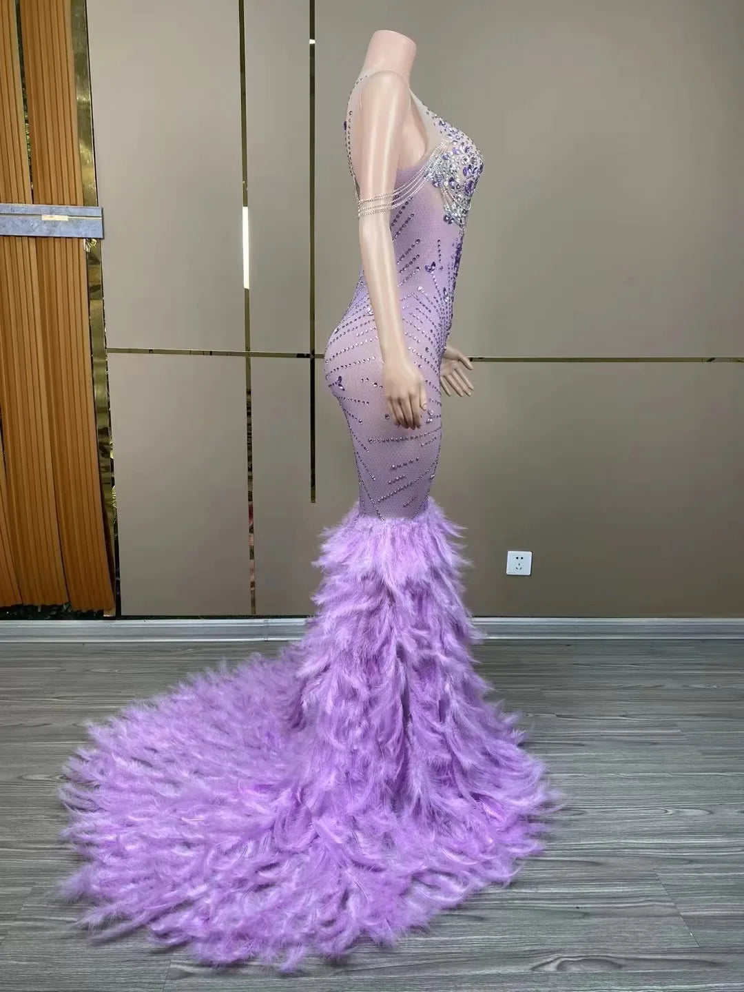 Chanel Sparkly Purple Rhinestone Feather Prom Dress