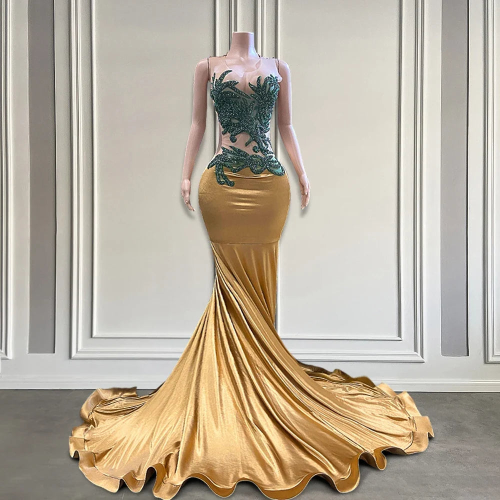 Charming Gold Satin with Green Beaded Appliques Prom Dress