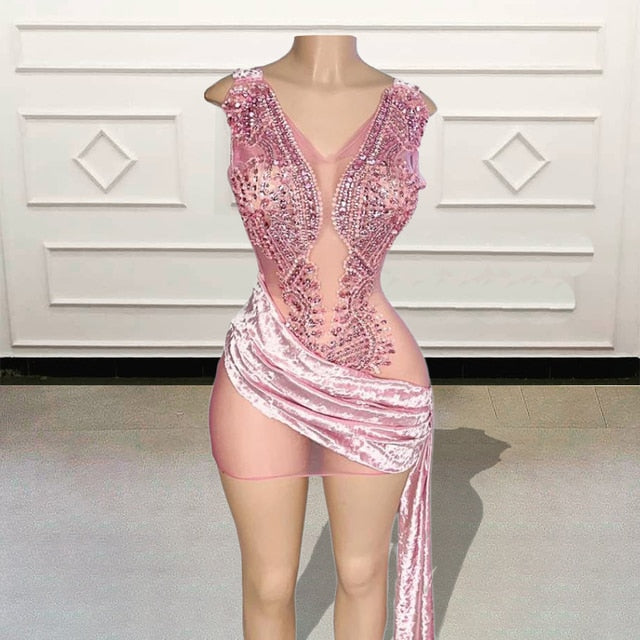 Crystal Beaded V Neck Sexy See Through Birthday Dress