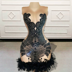 Black Sheer Cocktail Birthday Dress with Beads and Feathers