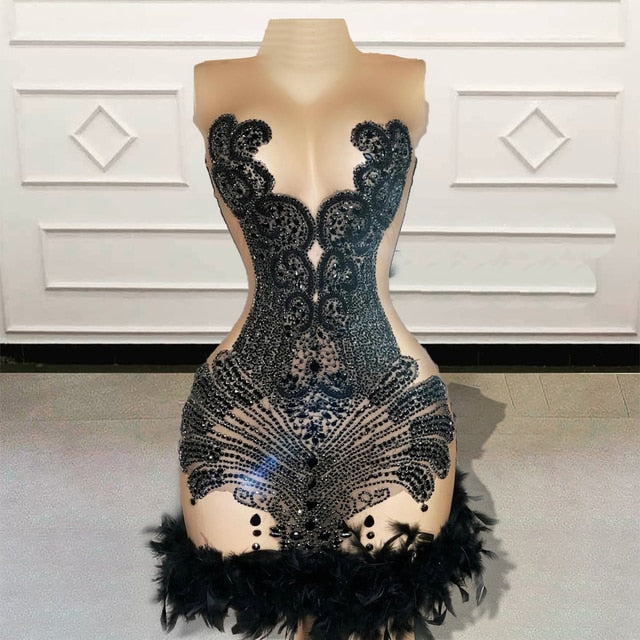 Black Sheer Cocktail Birthday Dress with Beads and Feathers
