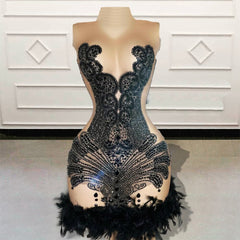 Black Sheer Cocktail Birthday Dress with Beads and Feathers