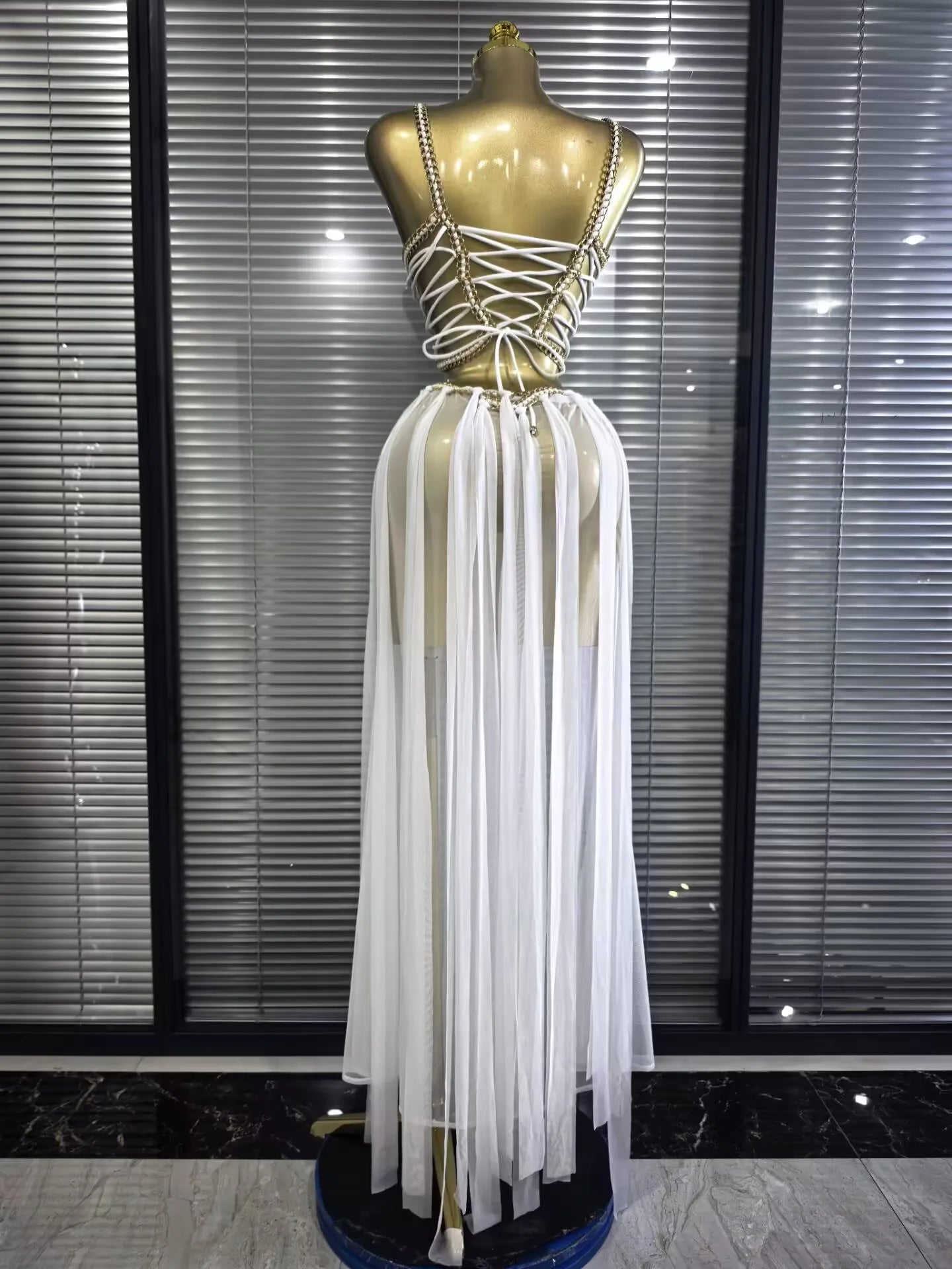 Chantelle Golden Sequin Mesh See-Through Maxi Dress