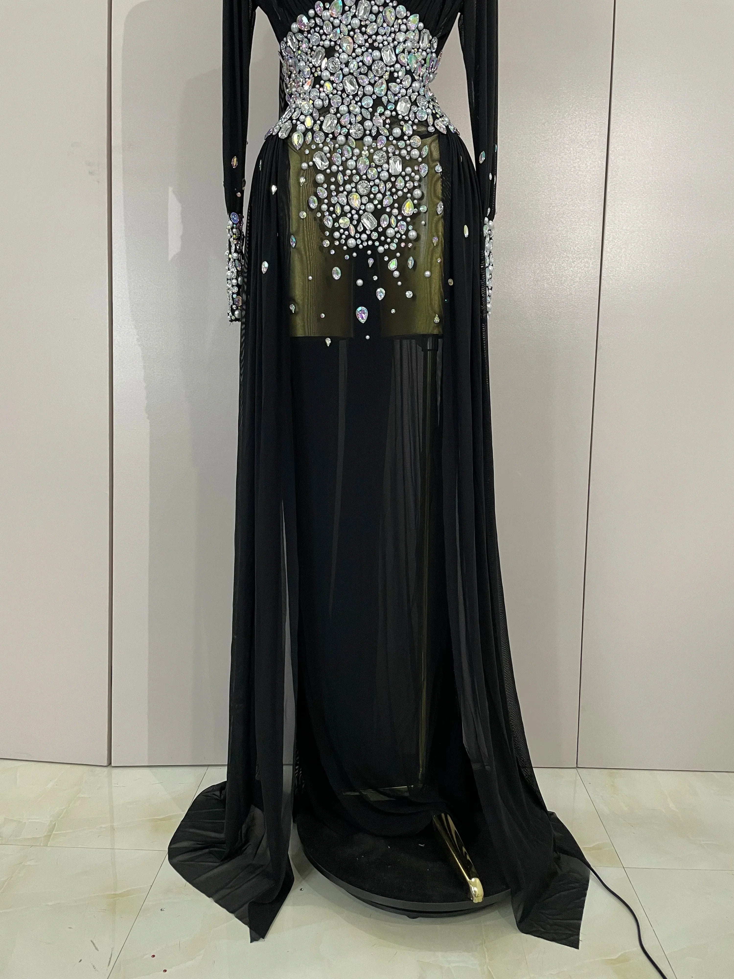 Alie Elegant Sparkly Diamond Long Sleeve Mesh See-Through Maxi Abaya Party Dress