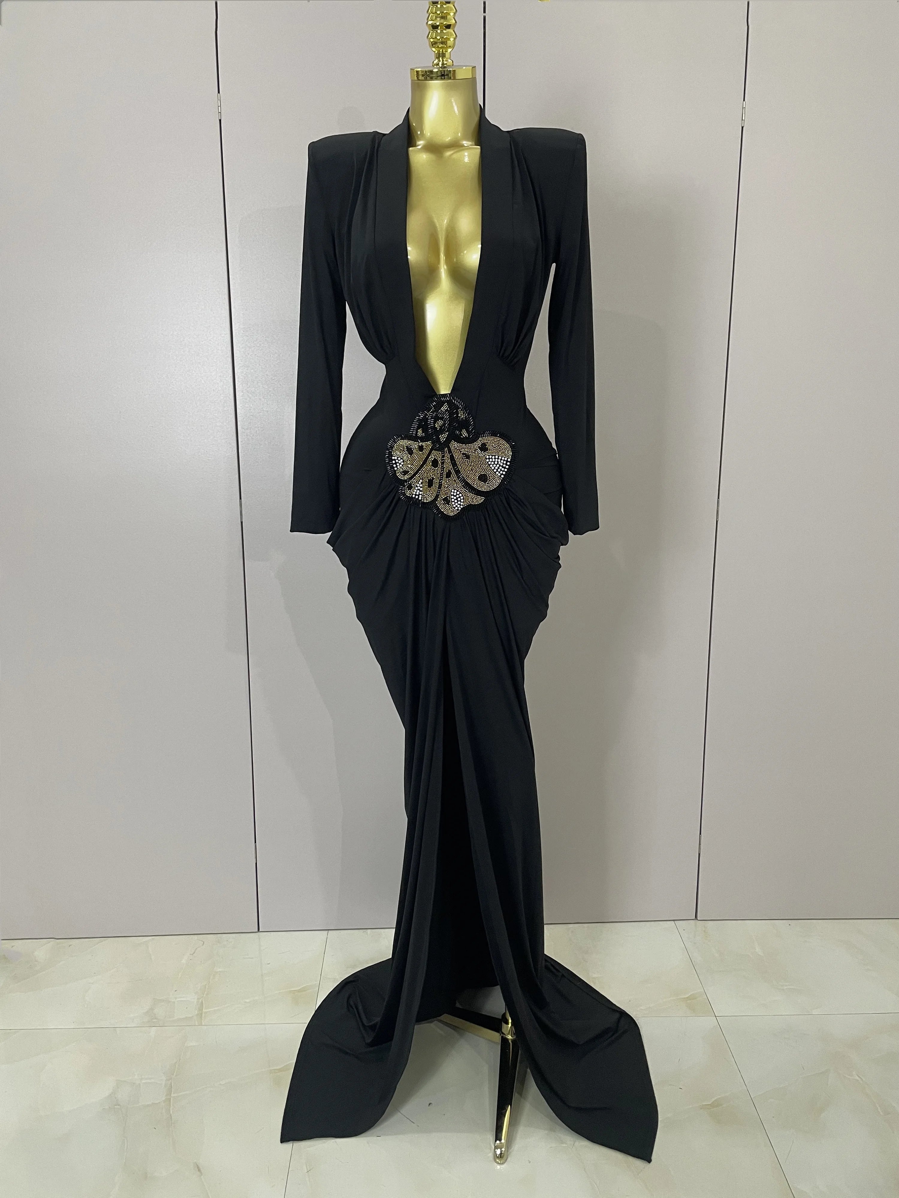 Brielle Deep V Neck Long Sleeve Bodycon Maxi Dress For Evening And Cocktail Parties