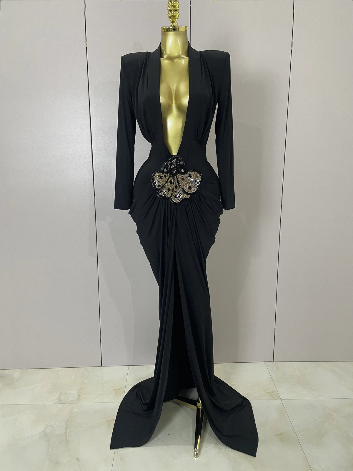 Brielle Deep V Neck Long Sleeve Bodycon Maxi Dress For Evening And Cocktail Parties