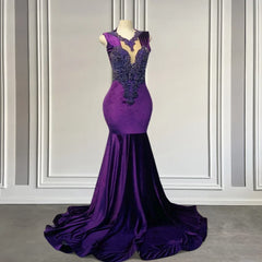 Charming Purple Velvet Mermaid Prom Dress with Embroidery