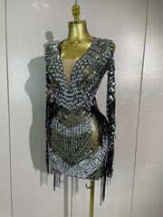 Candice Sparkling Diamond Sequin Tassel Long Sleeve Sheer Mesh Mini Dress