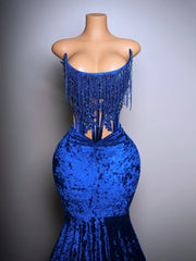Blue Velvet Strapless Lace-Up Corset Mermaid Prom Dress