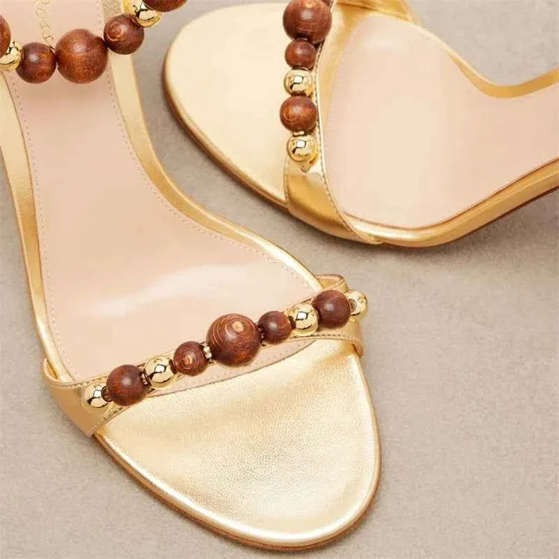 Bohemian Beaded  Ankle Wrap Stiletto Sandals Leather Open-Toe Lace-Up High Heels