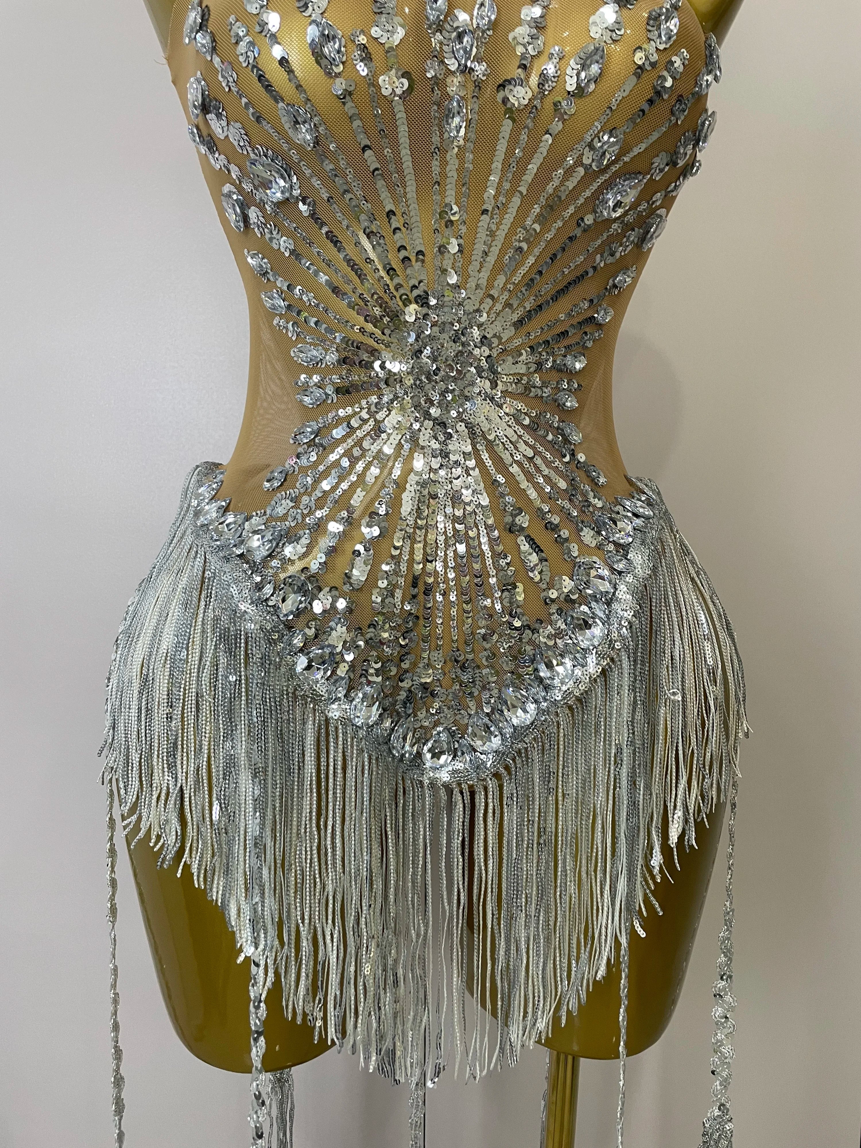 Desiree Silver Sequin Diamond Mesh Tassel Bodysuit