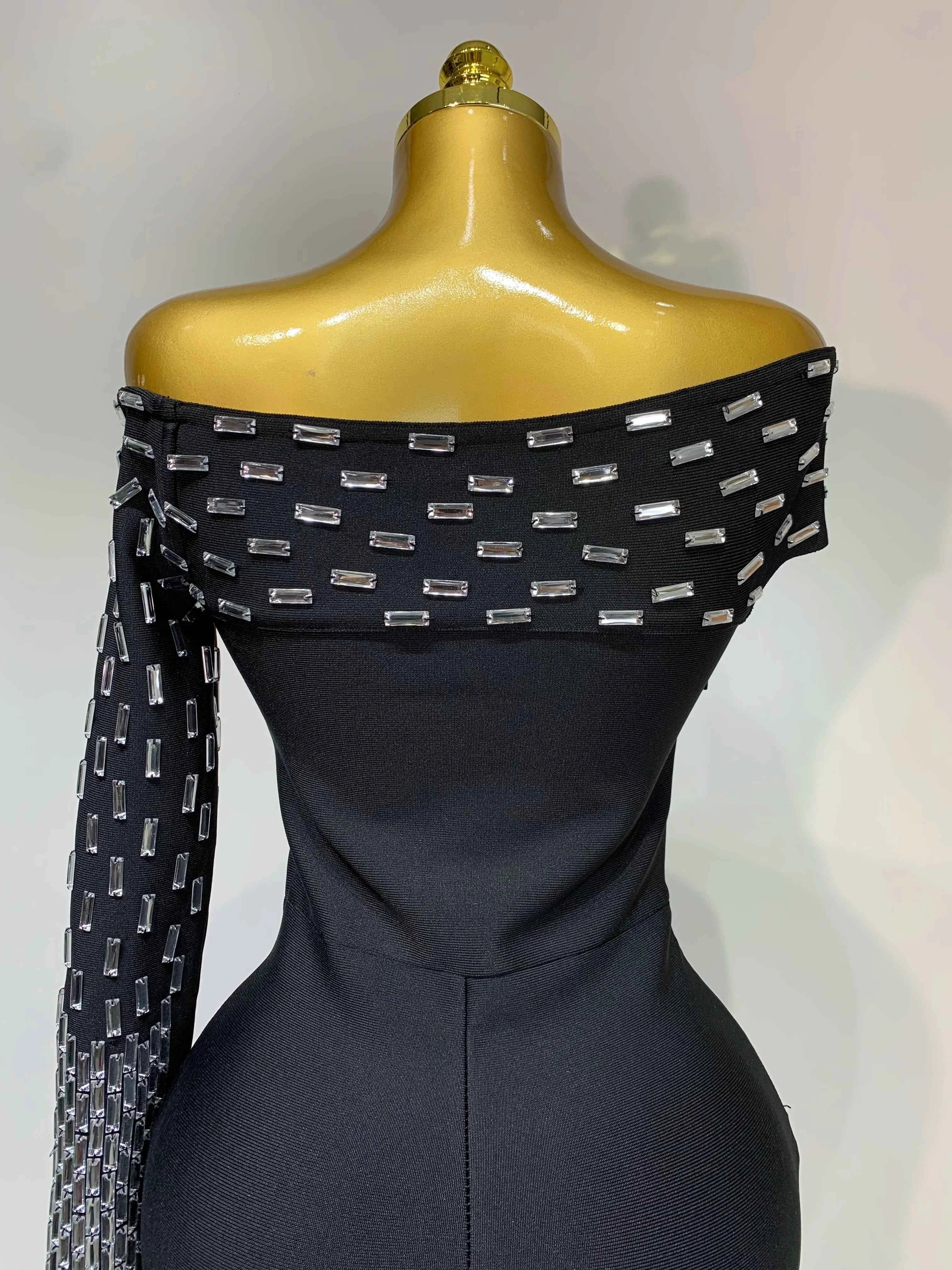 Coleen Sexy Off-shoulder Diamonds Black Maxi Long Bandage Dress
