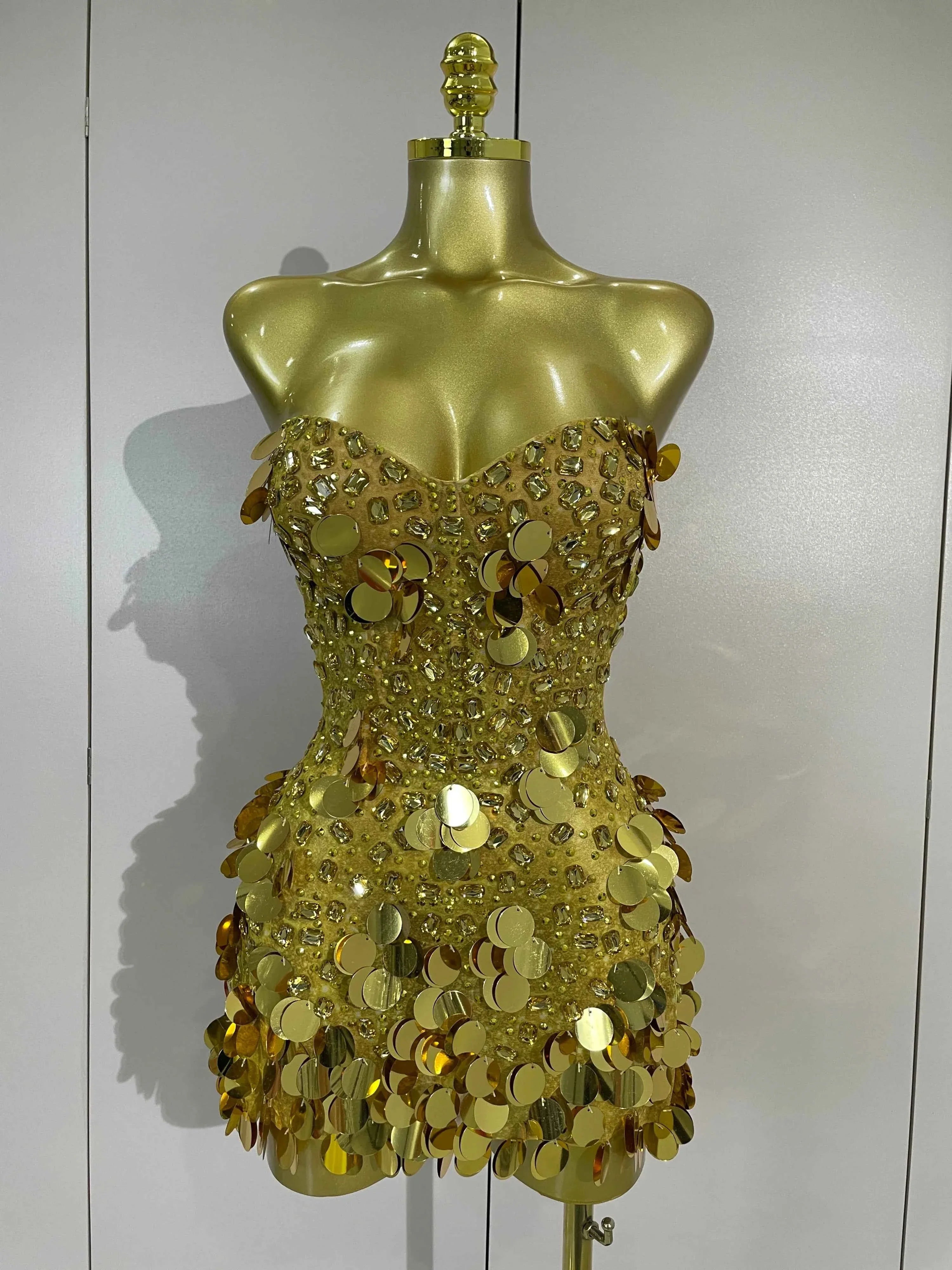 Cordelia Sparkly Gold Rhinestones Sequins Mini Dress