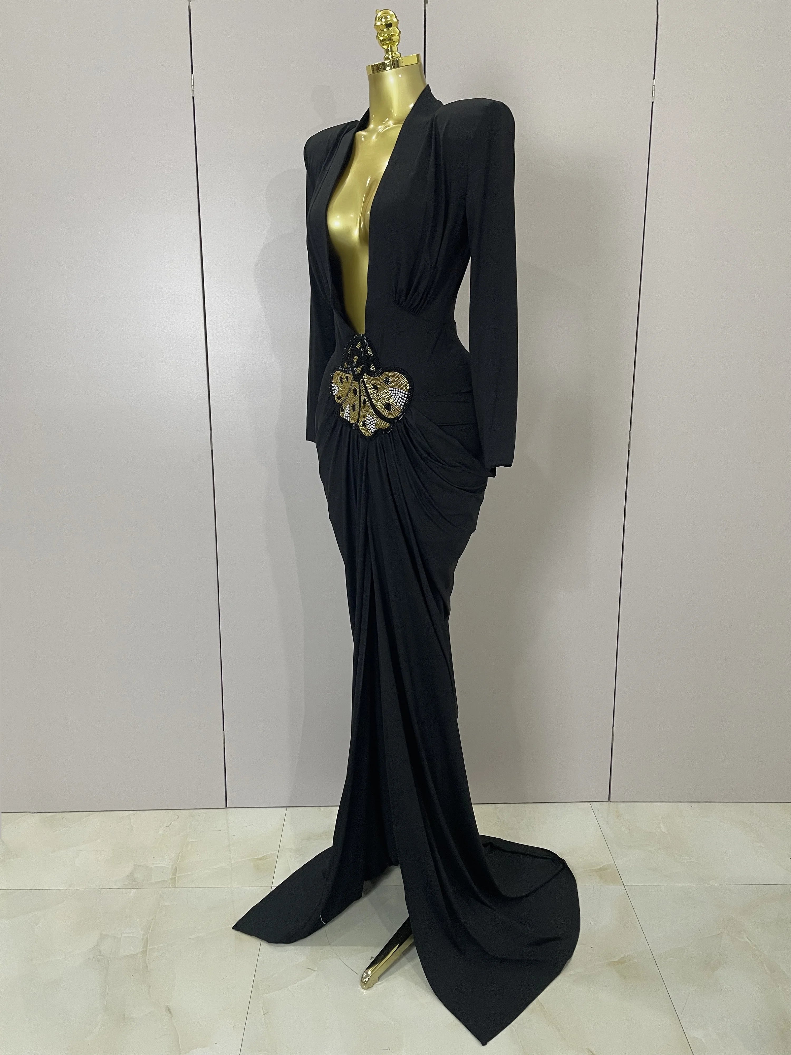 Brielle Deep V Neck Long Sleeve Bodycon Maxi Dress For Evening And Cocktail Parties