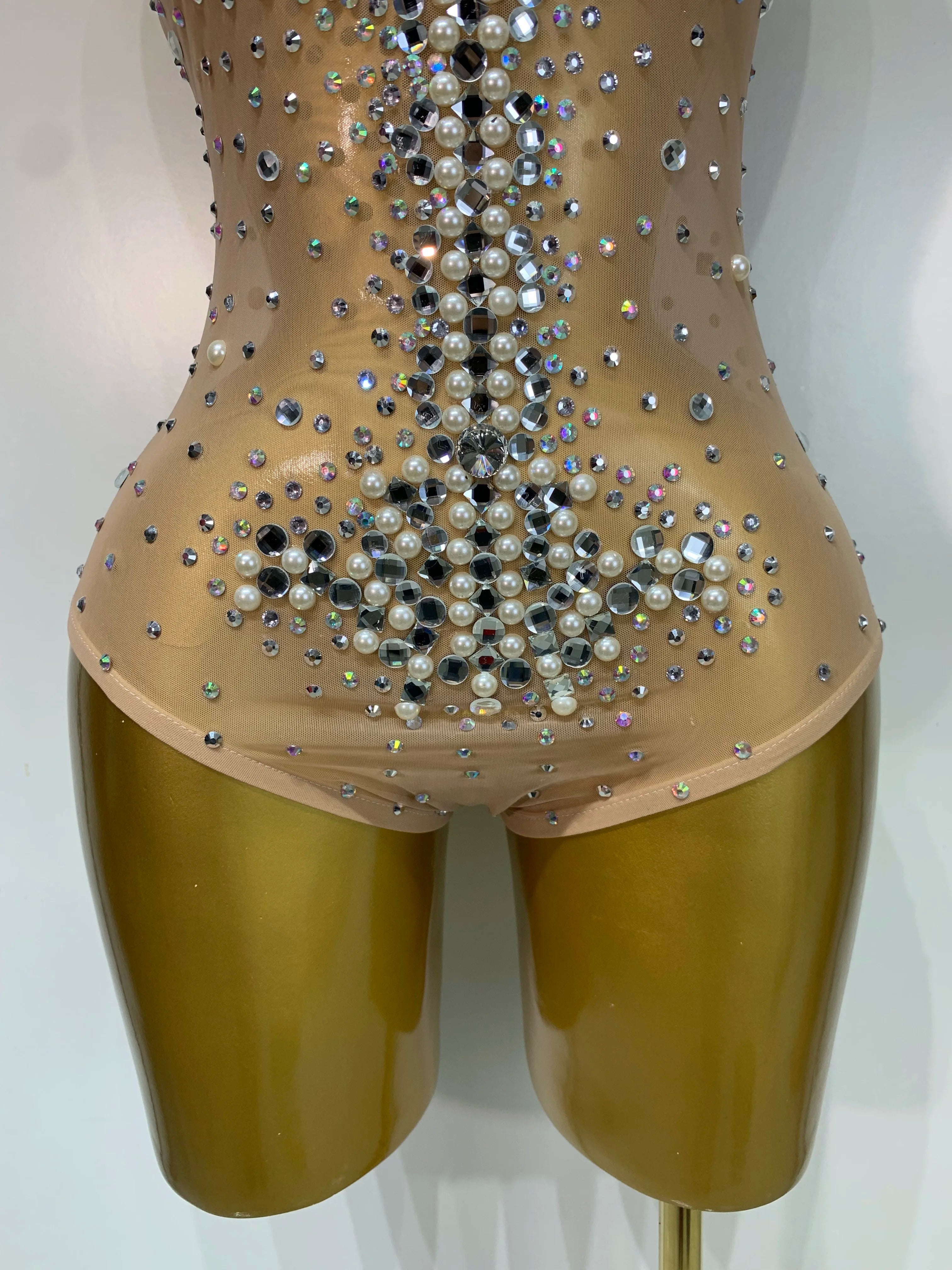 Candice Rhinestone Pearl Mesh Bodycon Bodysuit
