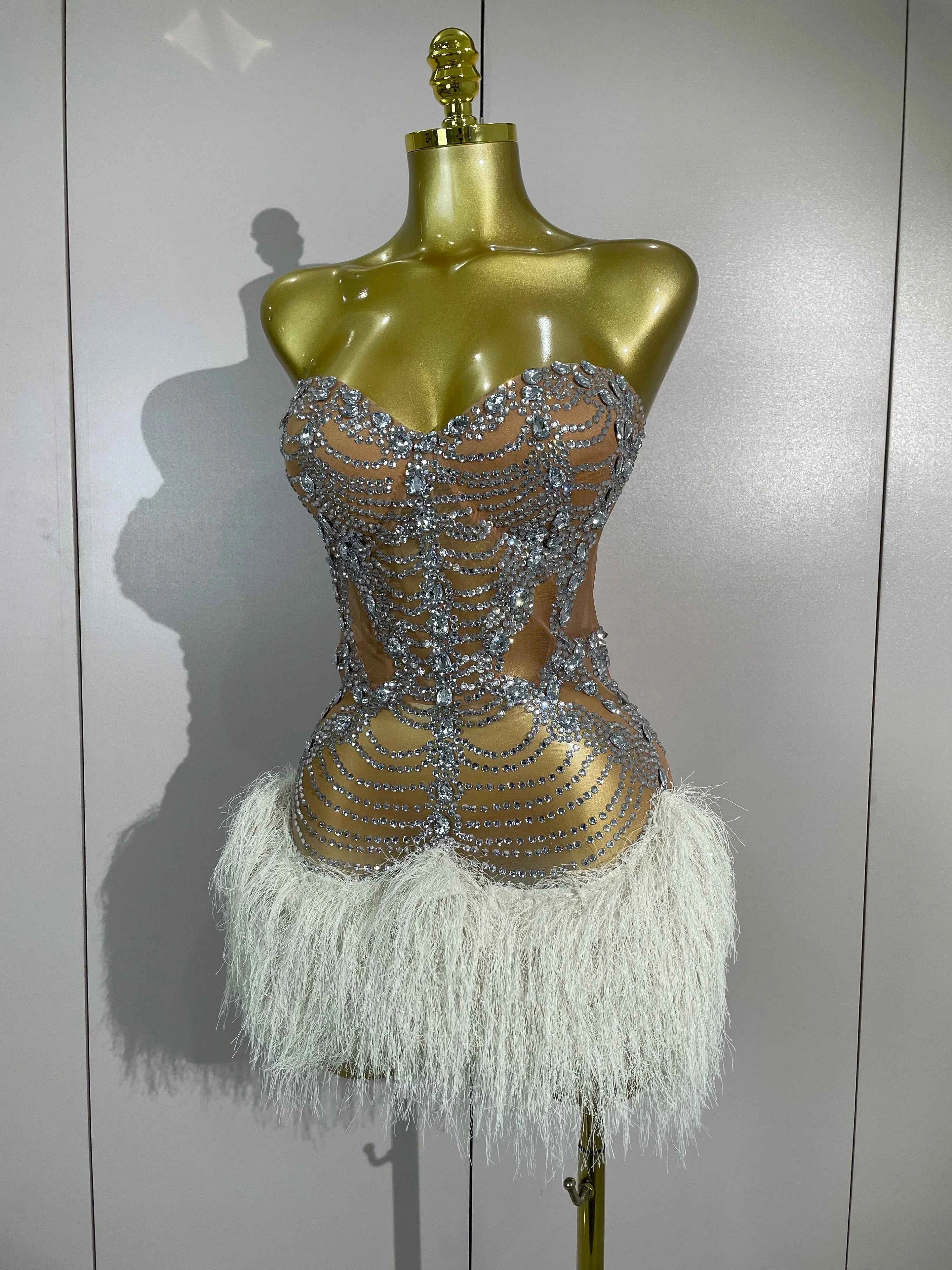 Corri Sparkly Diamonds Tassel Sexy Strapless Mesh Sheer Mini