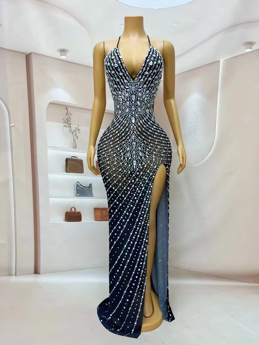 Audre Silver Rhinestones High Split Dress