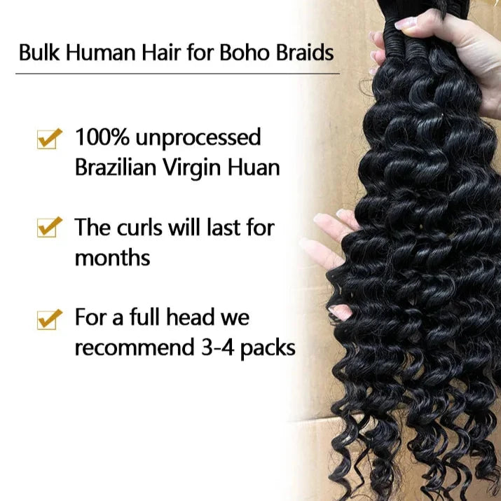 Curly Deep Wave Bulk Hair – 100% Brazilian Human Hair for Braiding, No Weft Extensions