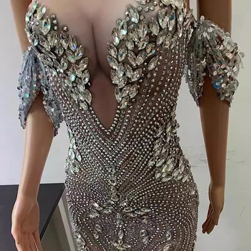 Bright Crystal Sequins Elegant Fishnet Prom Dress