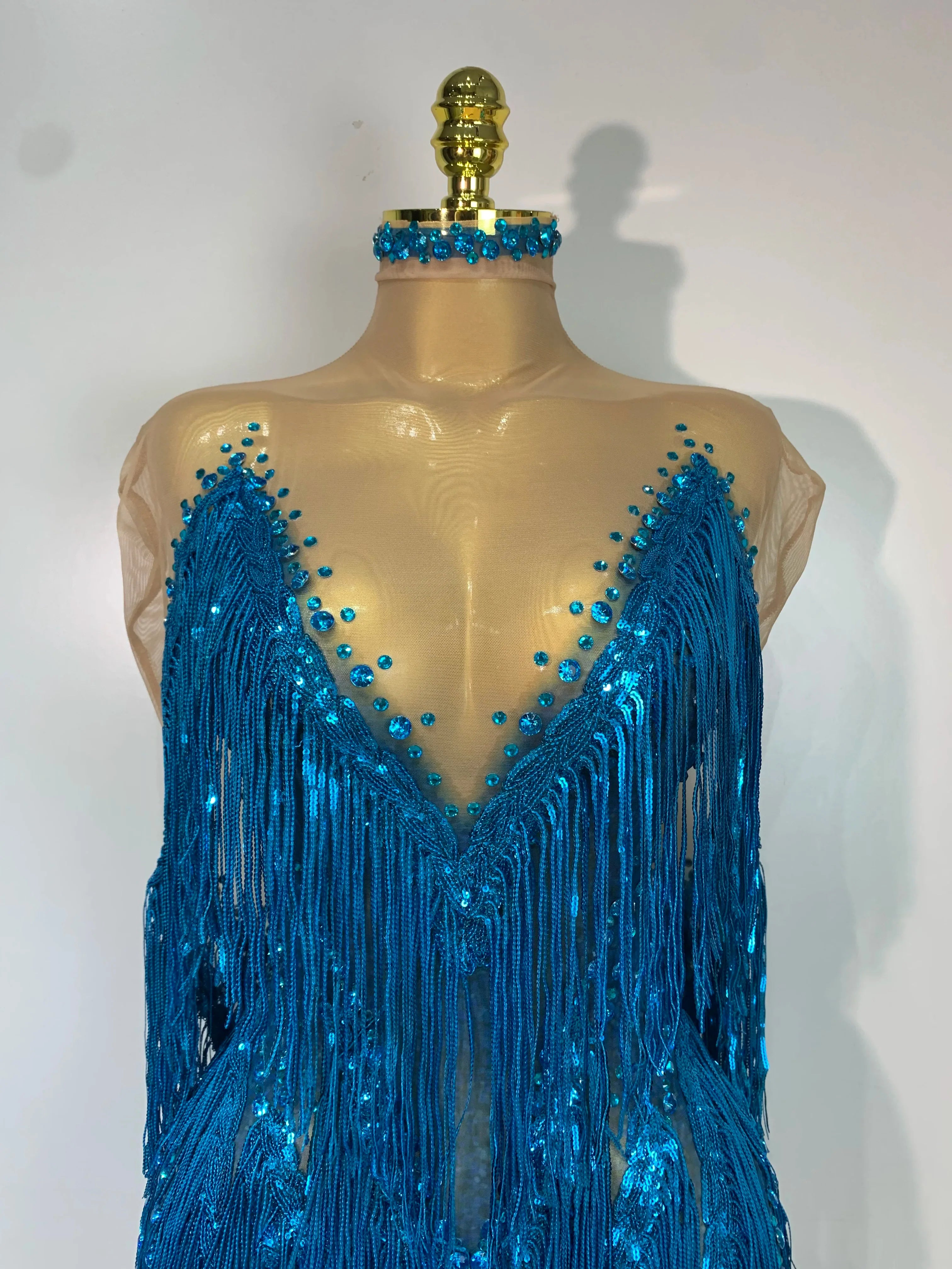 Carlene Blue Rhinestone Tassel See-Through Mesh Birthday Dress