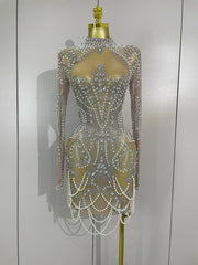 Brenda Short Mesh Dress With Pearls and Sparkling Diamonds - Ready to Ship