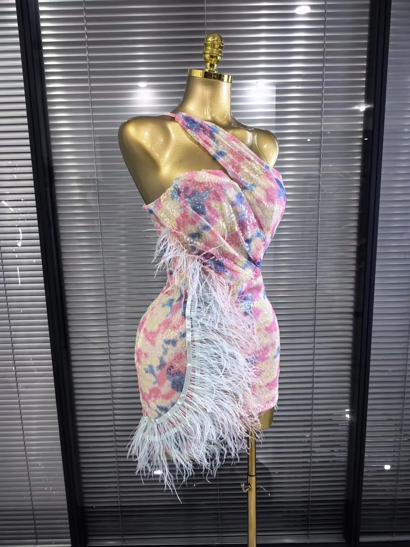 Arabella Sequin One-Shoulder Feather Bodycon Mini Dress