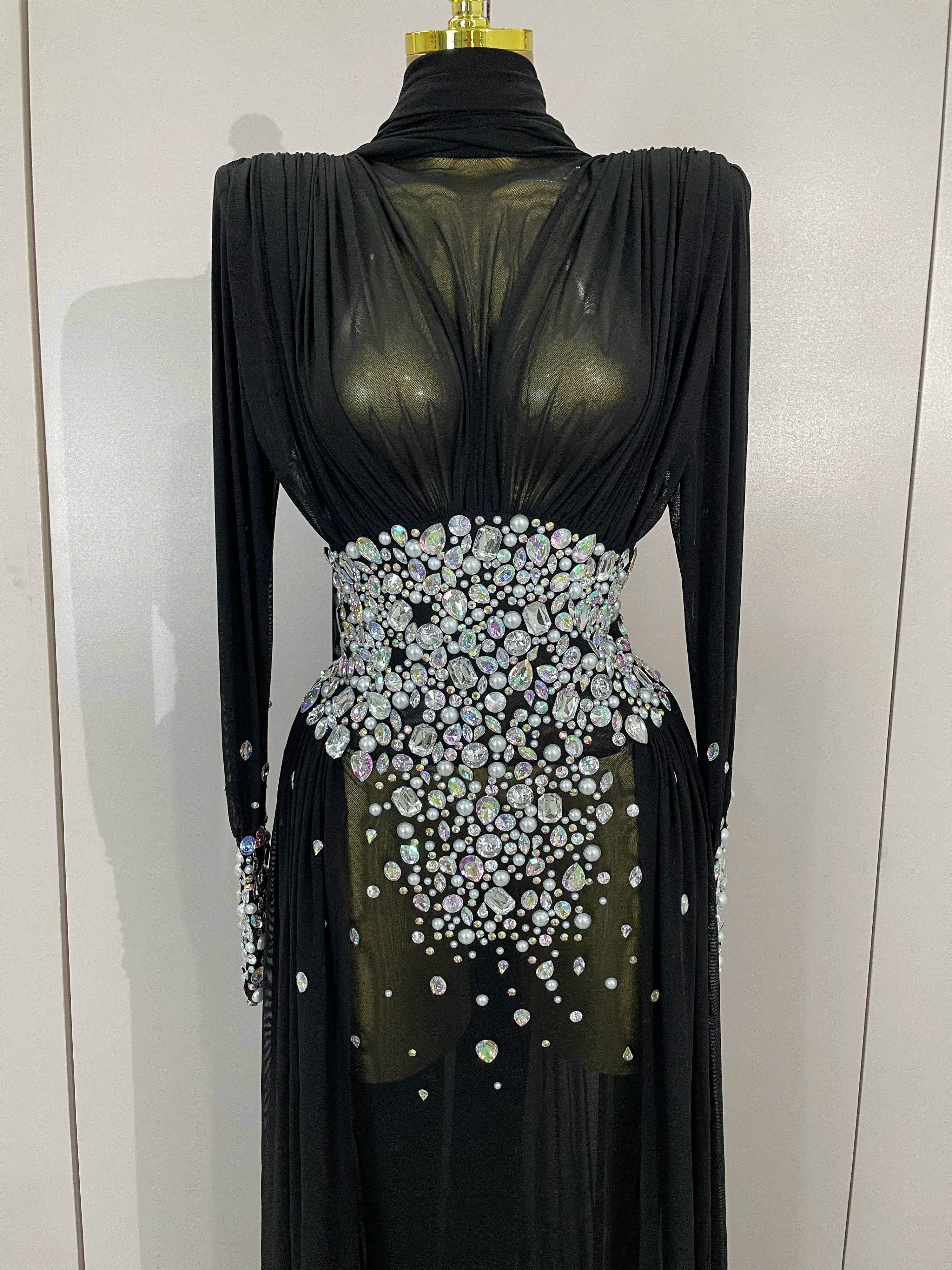 Alie Elegant Sparkly Diamond Long Sleeve Mesh See-Through Maxi Abaya Party Dress