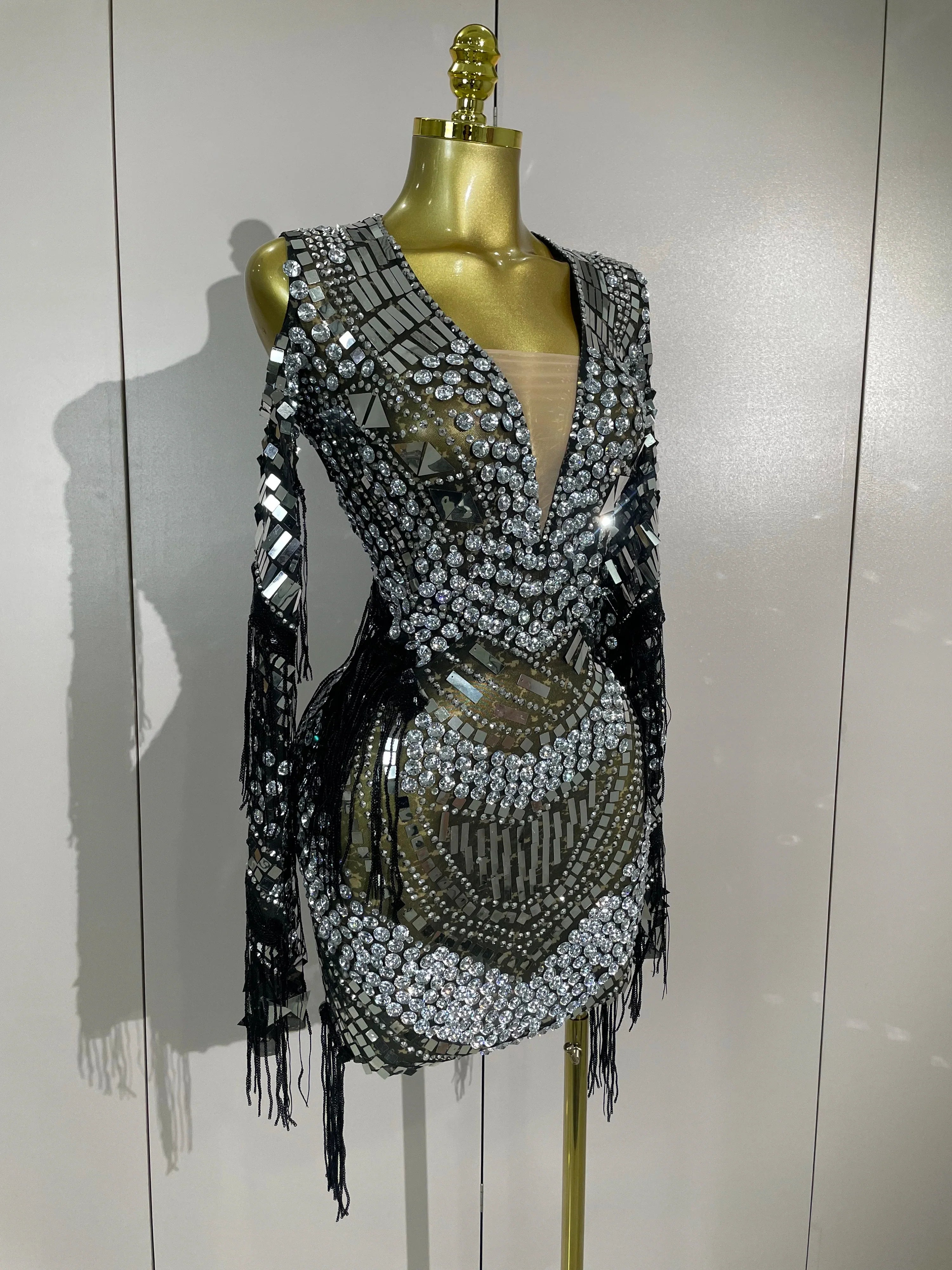 Candice Sparkling Diamond Sequin Tassel Long Sleeve Sheer Mesh Mini Dress