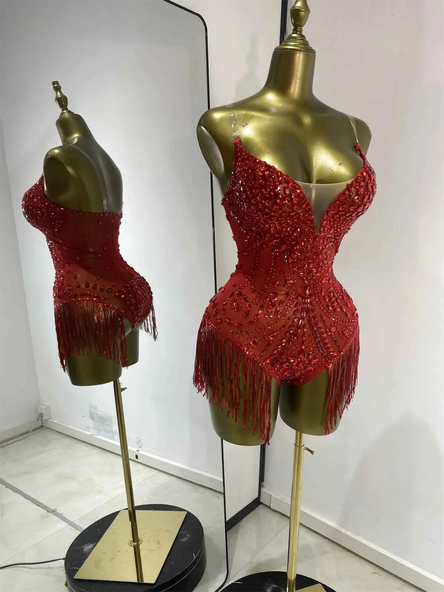 Bridgette Red Rhinestone Tassel Mesh Bodysuit for Women
