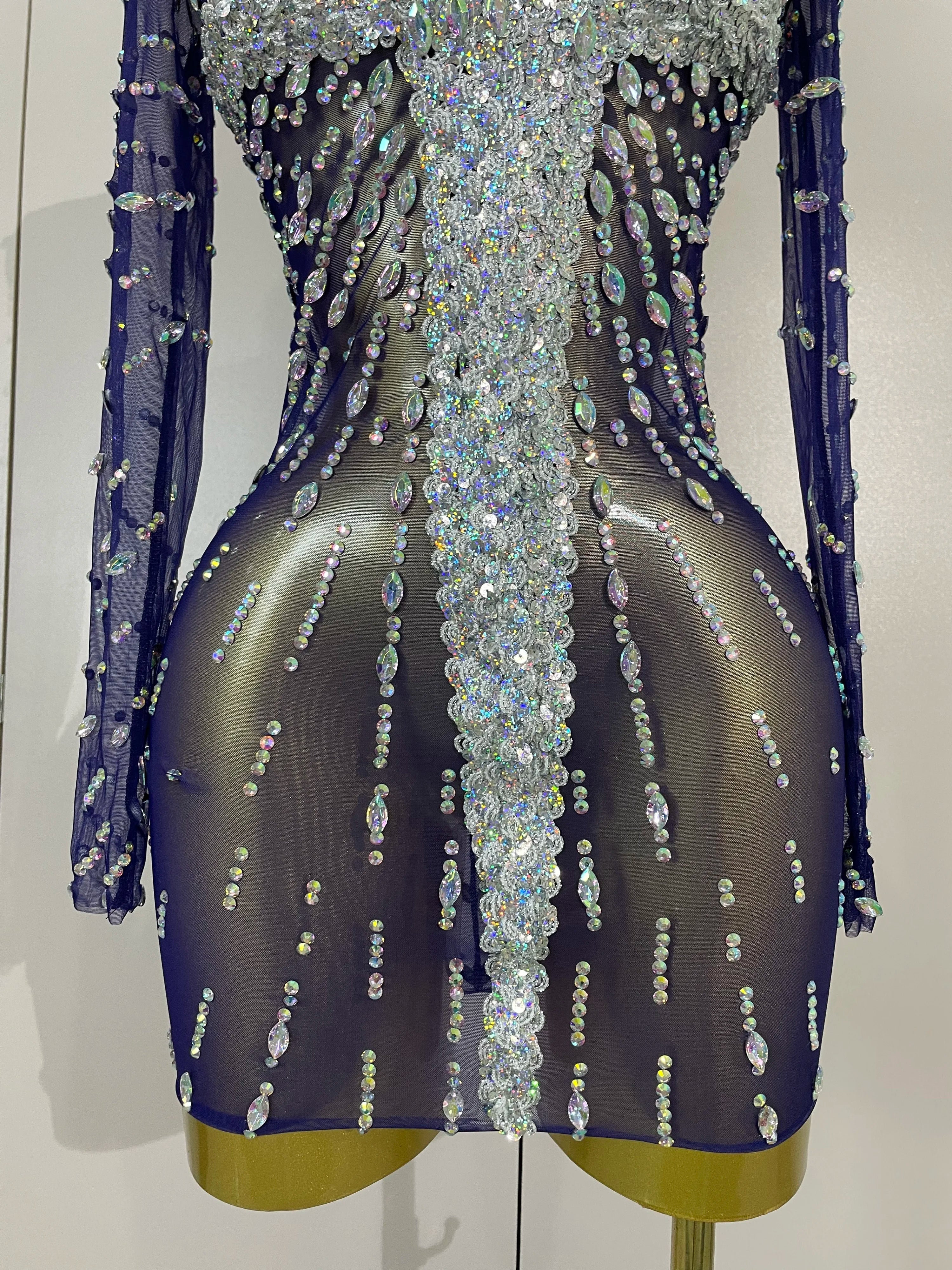 Ajay Sheer Mesh See-Through Sparkling Diamond Sequin Long Sleeve Mini Dress