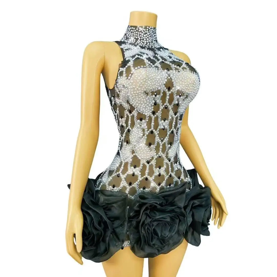 Cami Pearly Rhinestone Sexy Mesh See-Through Mini Birthday Dress