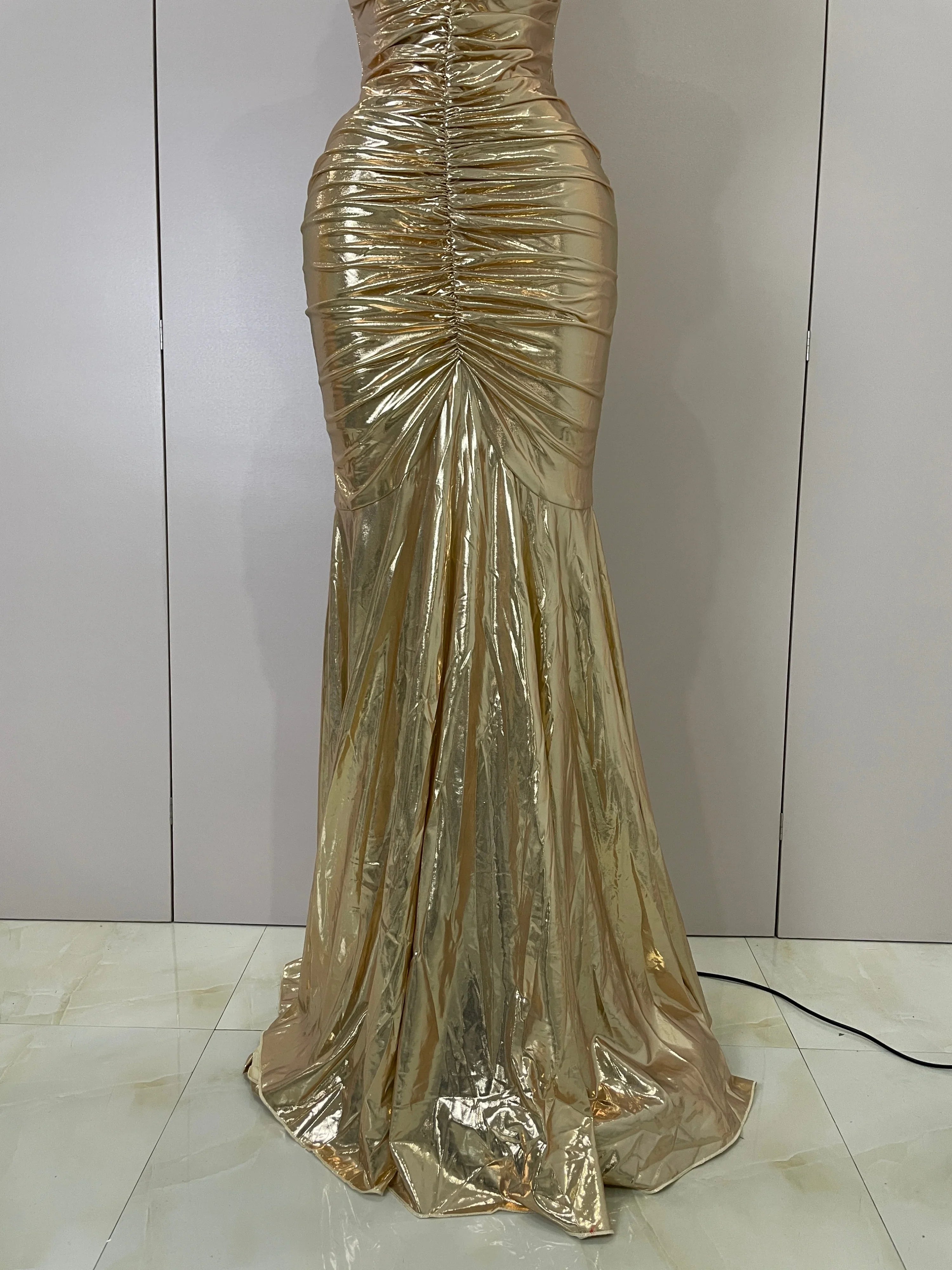 Alana Gold Strapless Ruched Backless Maxi Gown
