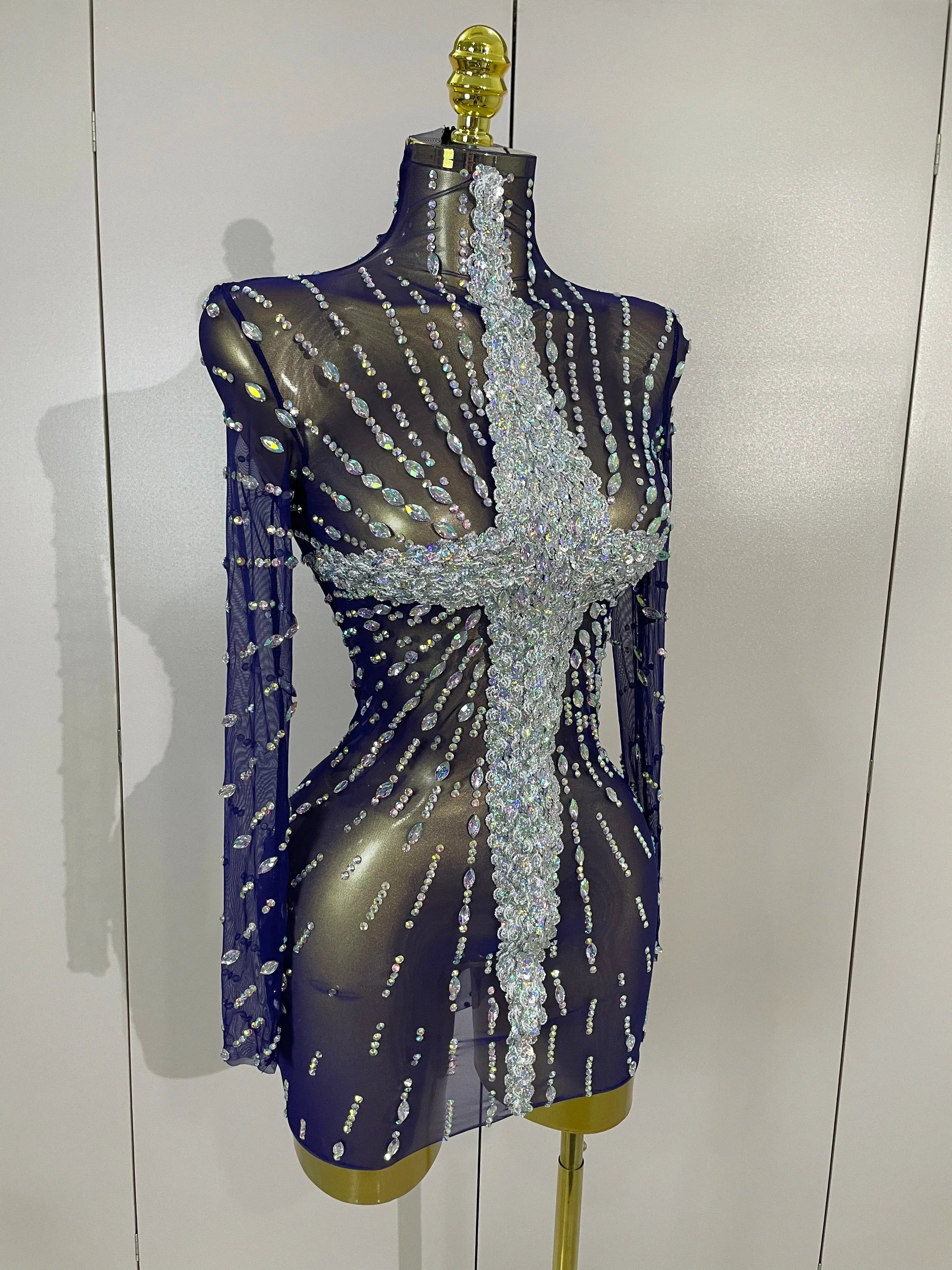 Ajay Sheer Mesh See-Through Sparkling Diamond Sequin Long Sleeve Mini Dress