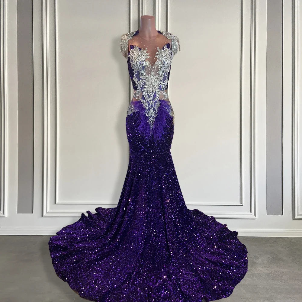 Diamond Purple Sequin Mermaid Prom Dress