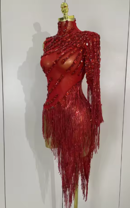 Ayla Sparkly Rhinestone Tassel Sheer Bodycon Dress