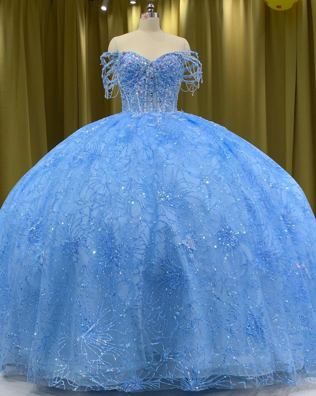 Bejeweled Off-Shoulder 3D Floral Lace Star Gown
